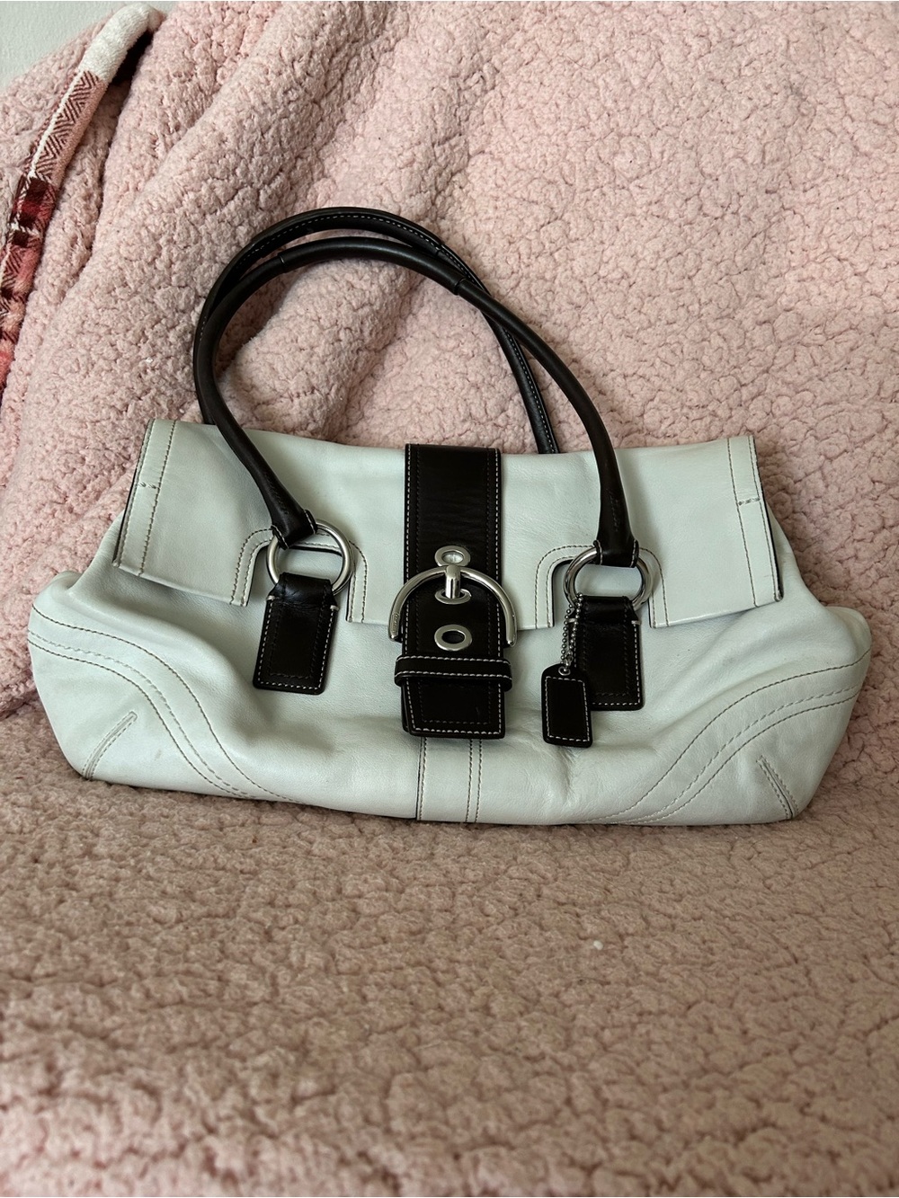 Coach White Leather Satchel with Dark Brown Trim